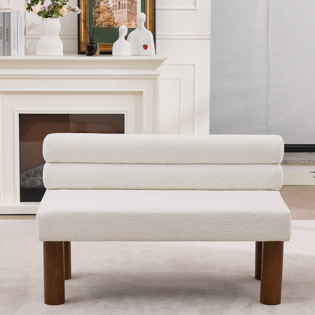 White Bouclé Upholstered Bench with Backrest — product view