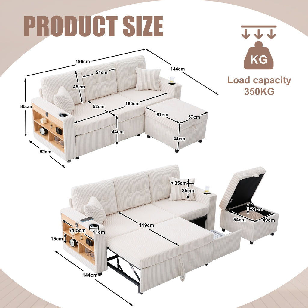 Beige Corduroy Sofa Bed — detail 3