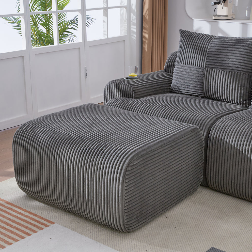 Dark Grey Corduroy 4-Seater Modular Sofa with Two Ottomans — detail 17