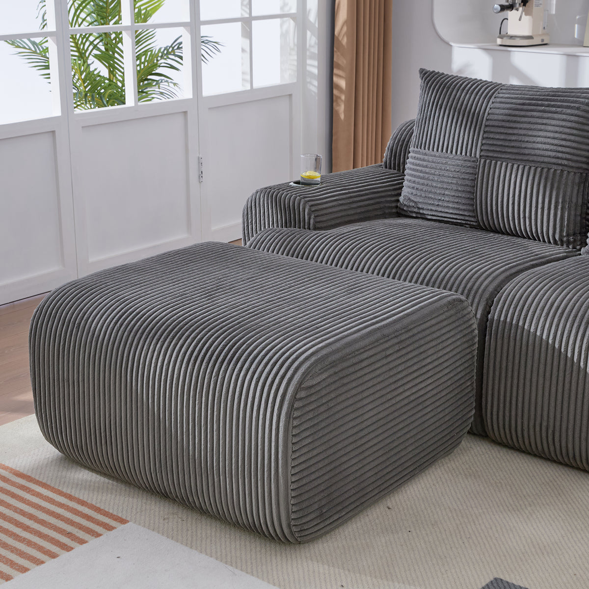 Dark Grey Corduroy 4-Seater Modular Sofa with Two Ottomans — detail 17
