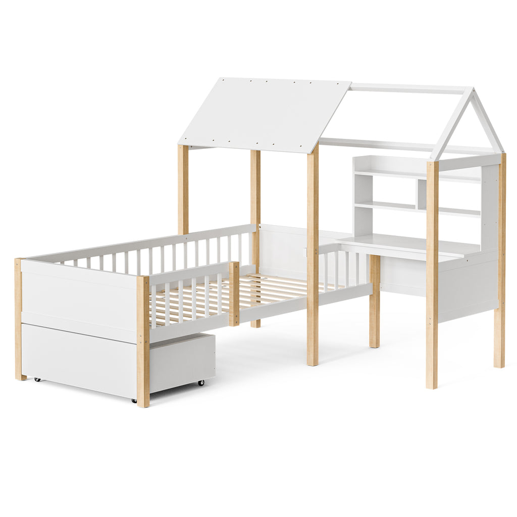 White Wooden House Bed with Desk and Storage – 90 × 190 cm — detail 22