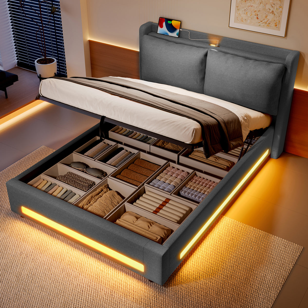 Dark Grey Linen Storage Bed Frame – 135 × 190 cm — product view
