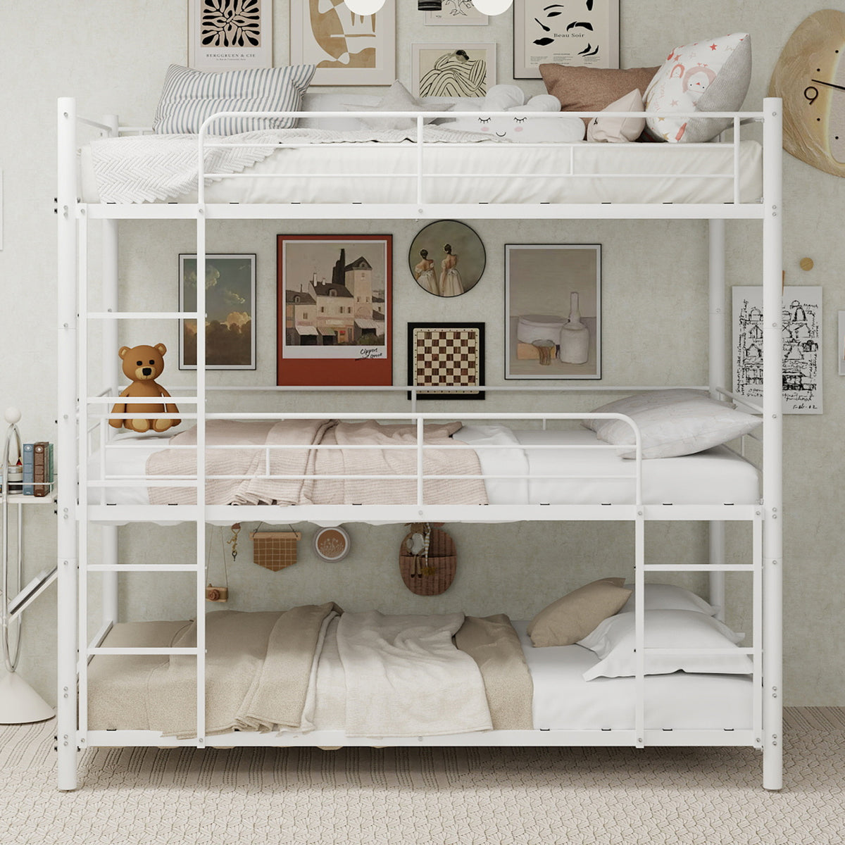 White Triple Metal Bunk Bed – 90 × 190 cm — detail 2