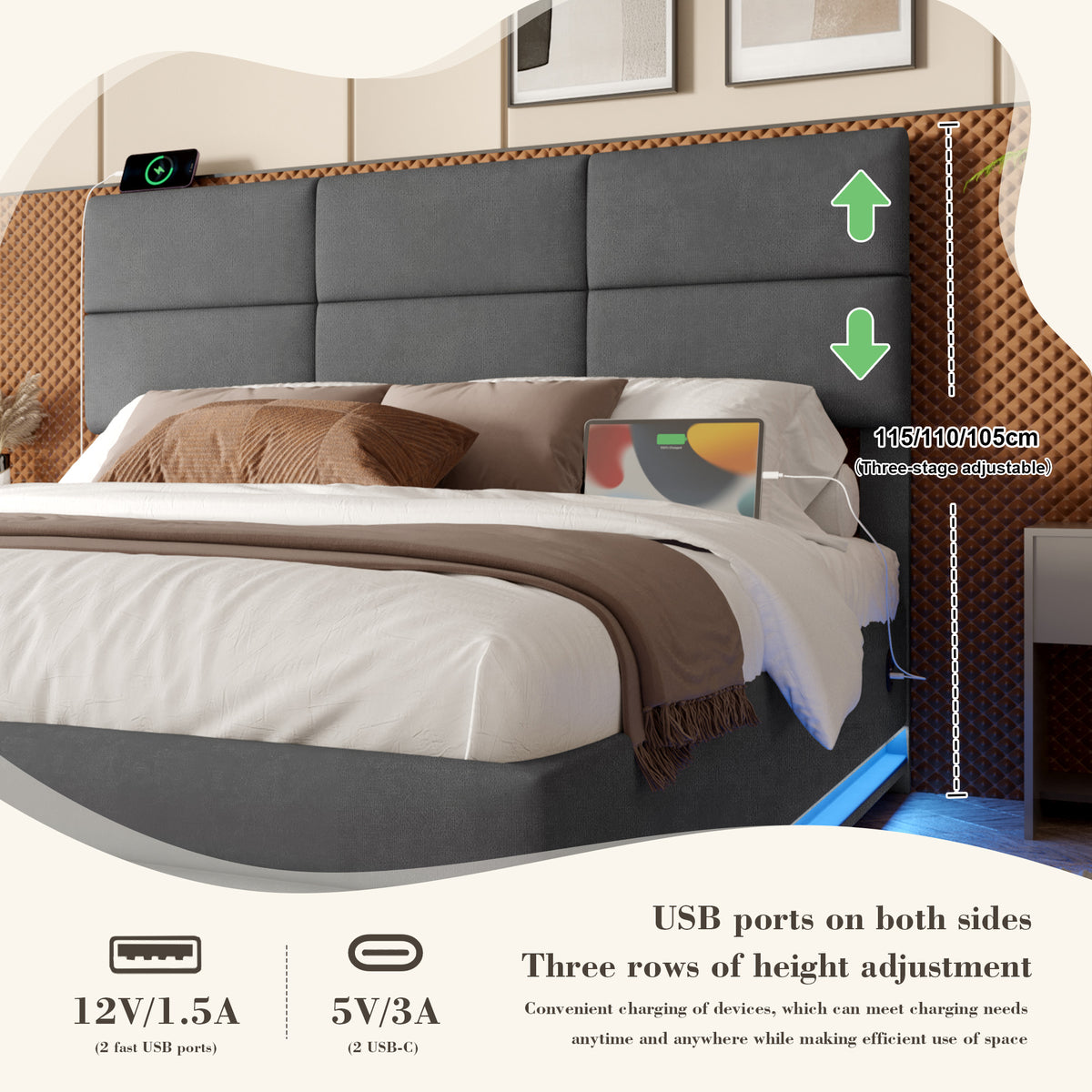 Dark Grey Velvet Storage Bed Frame – 150 × 200 cm — detail 7
