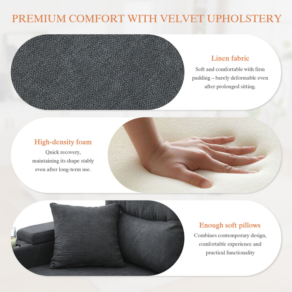 Dark Grey Oversized Chenille Chaise Lounge with Pillows — detail 10