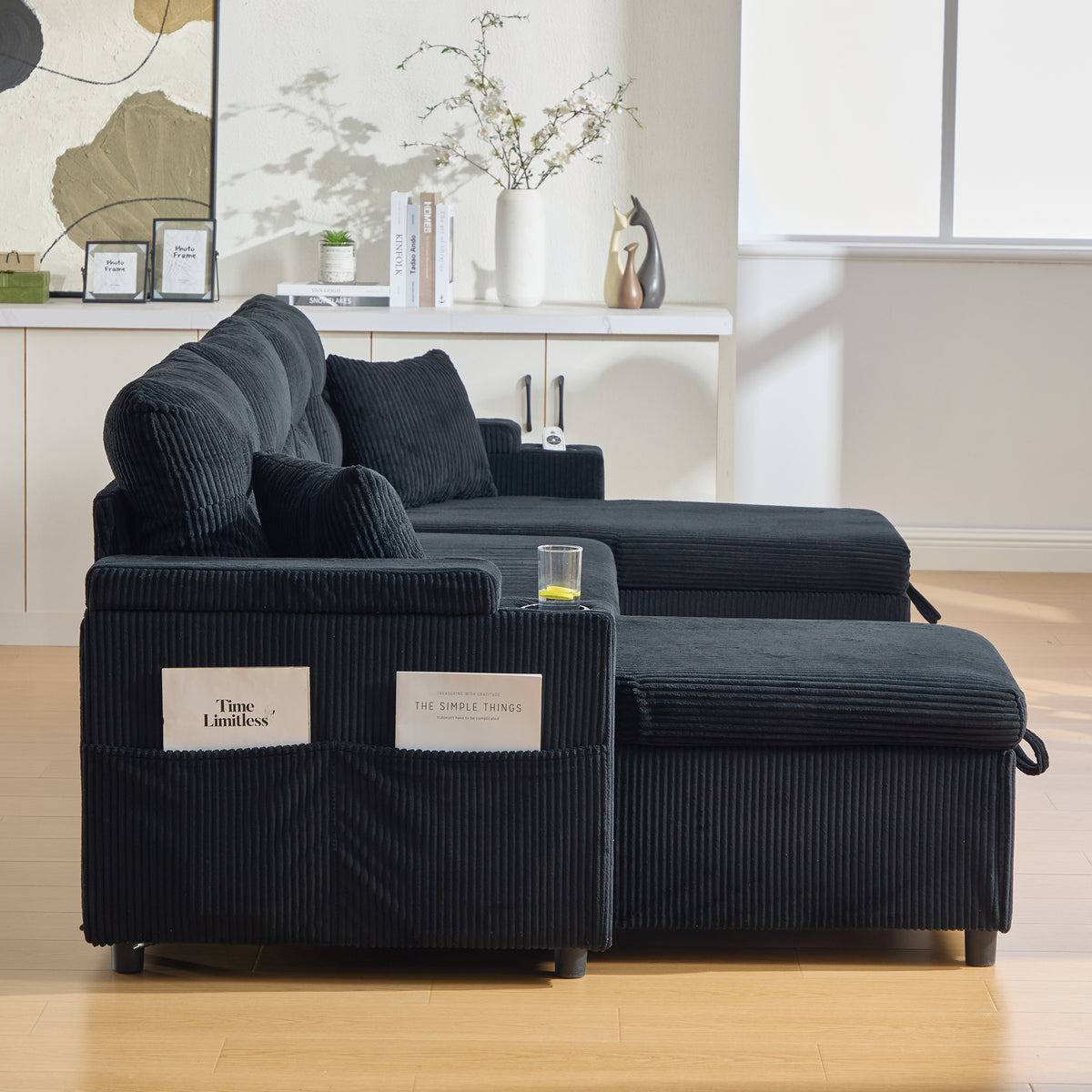 Black Oversized Chenille Chaise Lounge with Pillows — detail 21