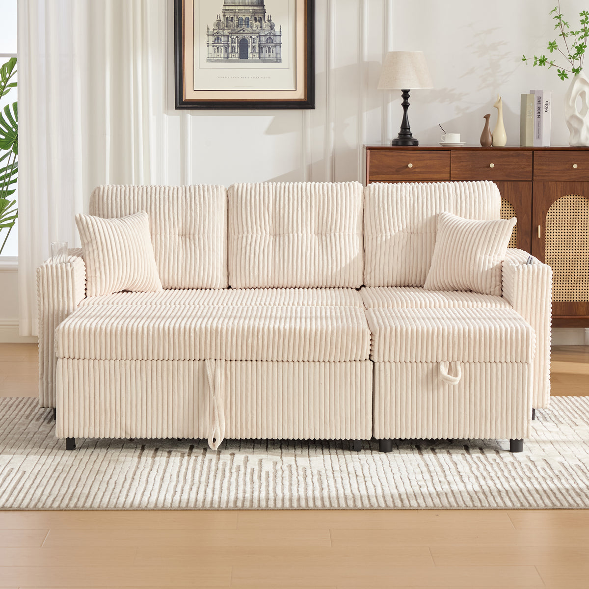 Beige Corduroy Sofa Bed — detail 12