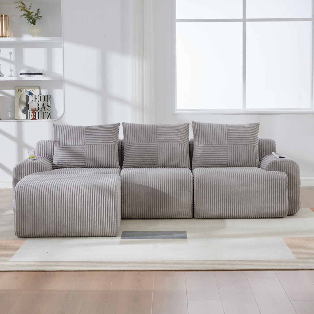 Light Grey Corduroy 3-Seater Modular Sofa with Ottoman — detail 11