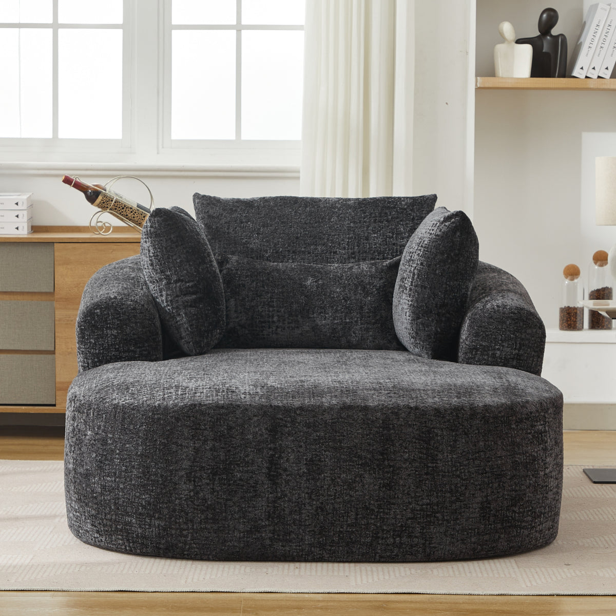 Black Oversized Chenille Chaise Lounge with Pillows — detail 8