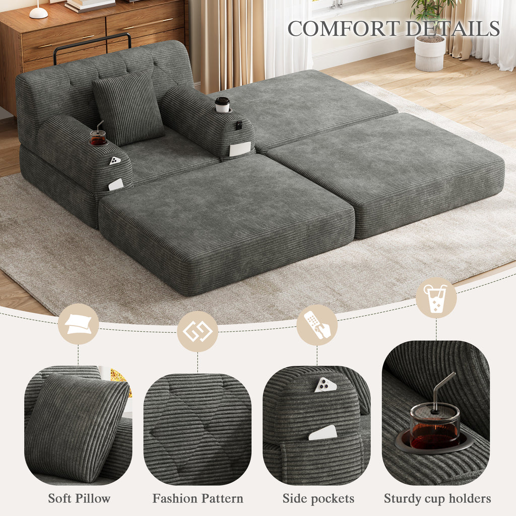 Dark Grey Corduroy Sleeper Chair with Ottoman — detail 5