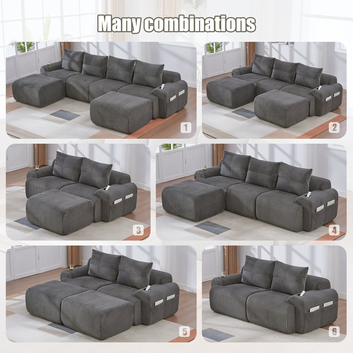Dark Grey Corduroy 2-Seater Modular Sofa — detail 5