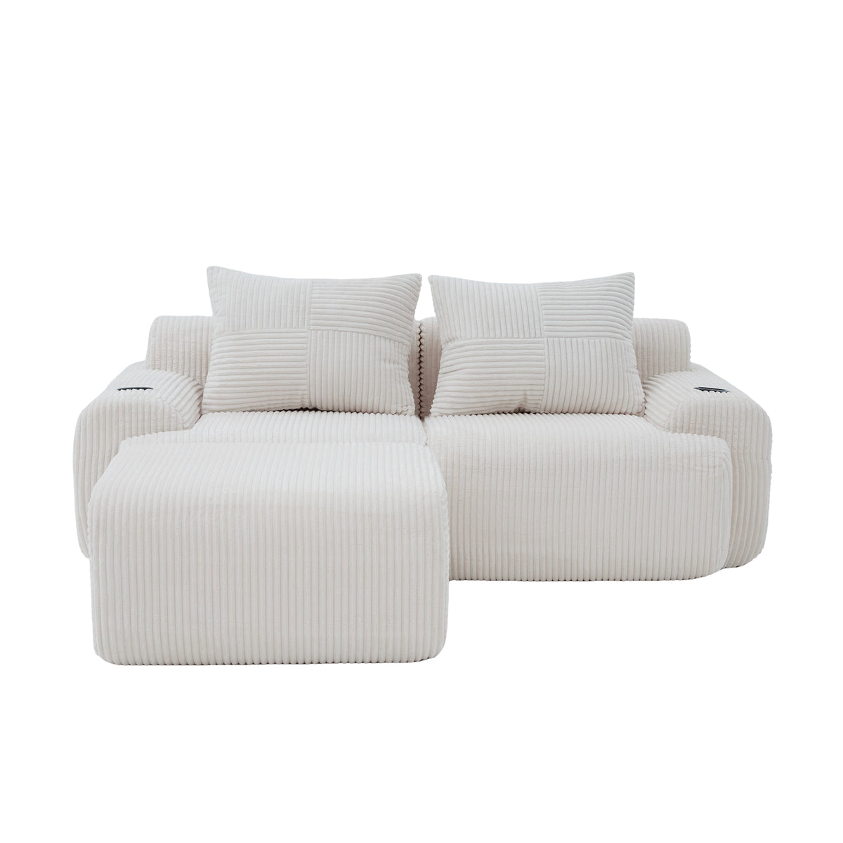 Beige Corduroy 2-Seater Modular Sofa with Ottoman — detail 22