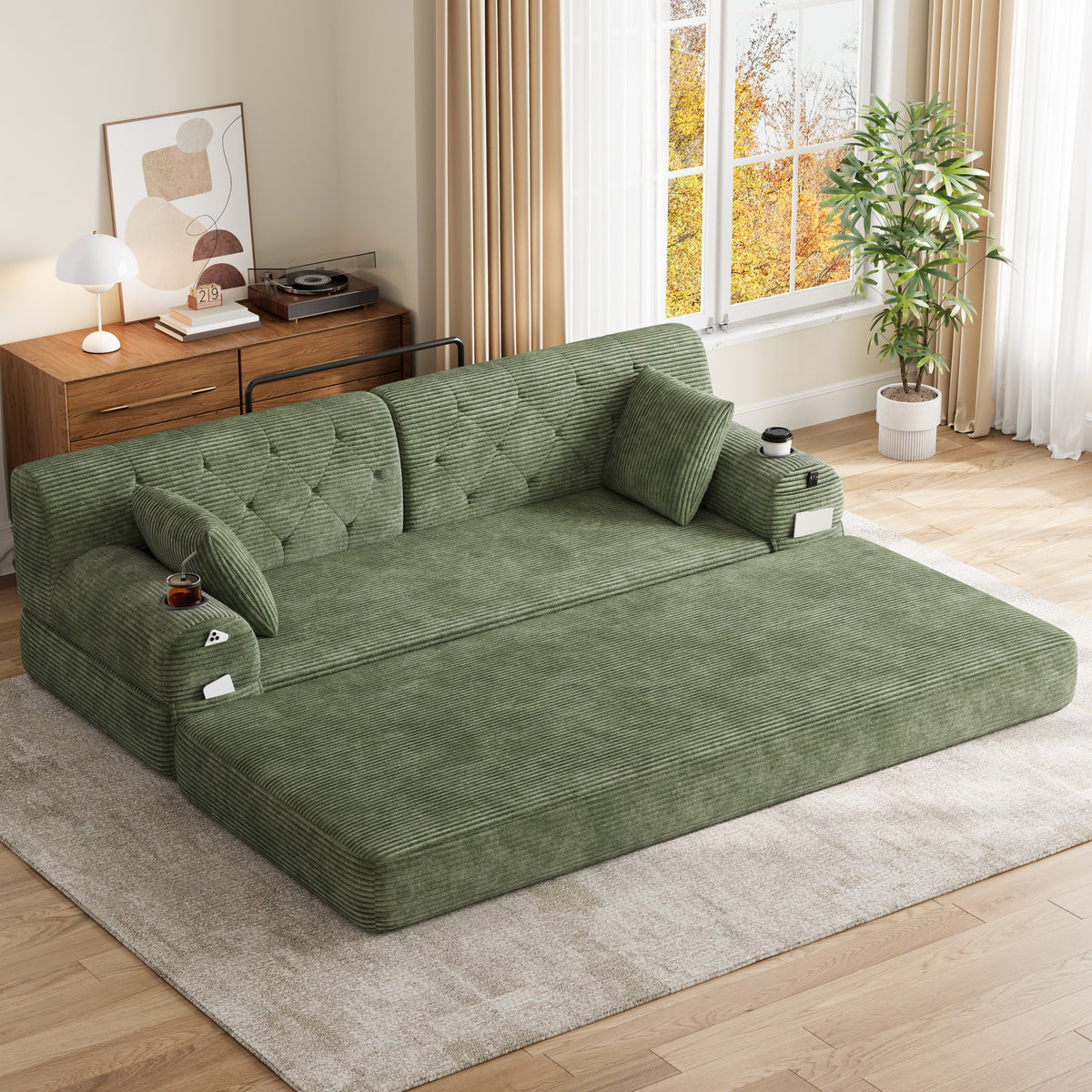Green Corduroy 3-Seater Sofa Bed — product view