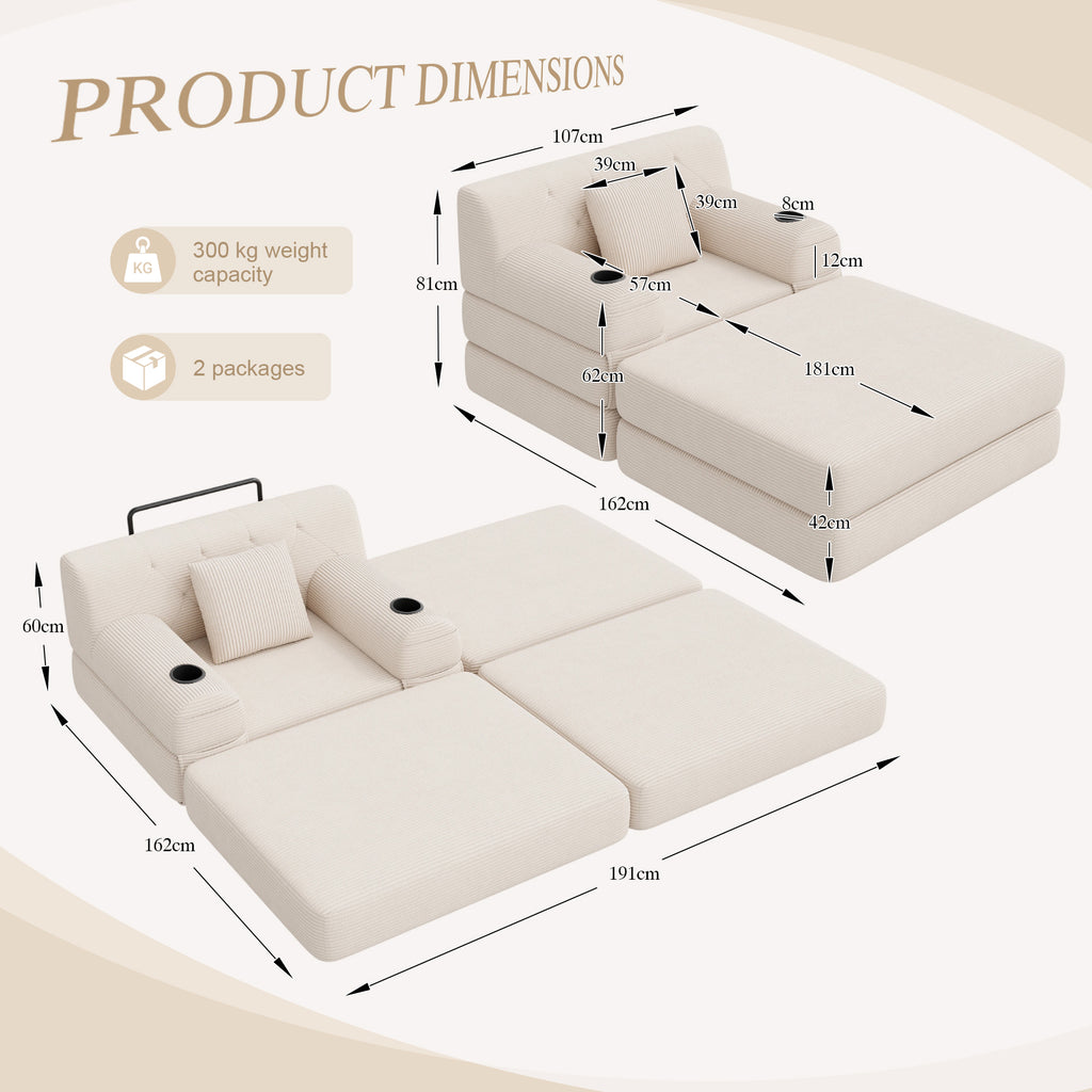Beige Corduroy Sleeper Chair with Ottoman — detail 2