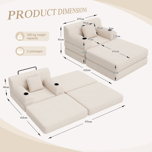 Beige Corduroy Sleeper Chair with Ottoman — detail 2