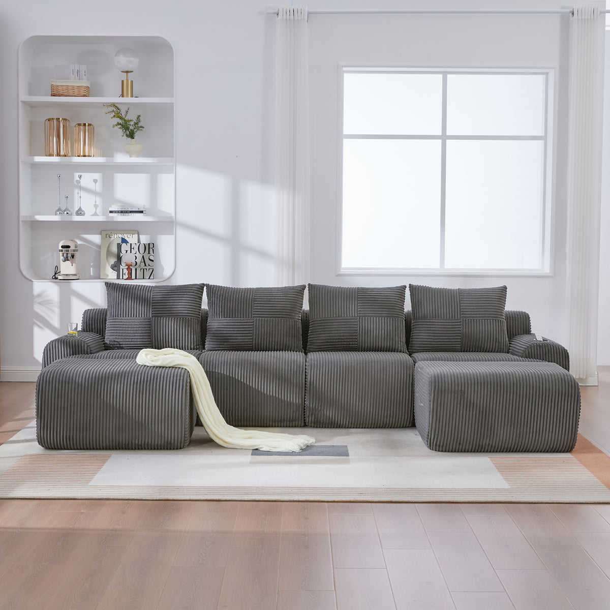Dark Grey Corduroy 4-Seater Modular Sofa with Two Ottomans — detail 4