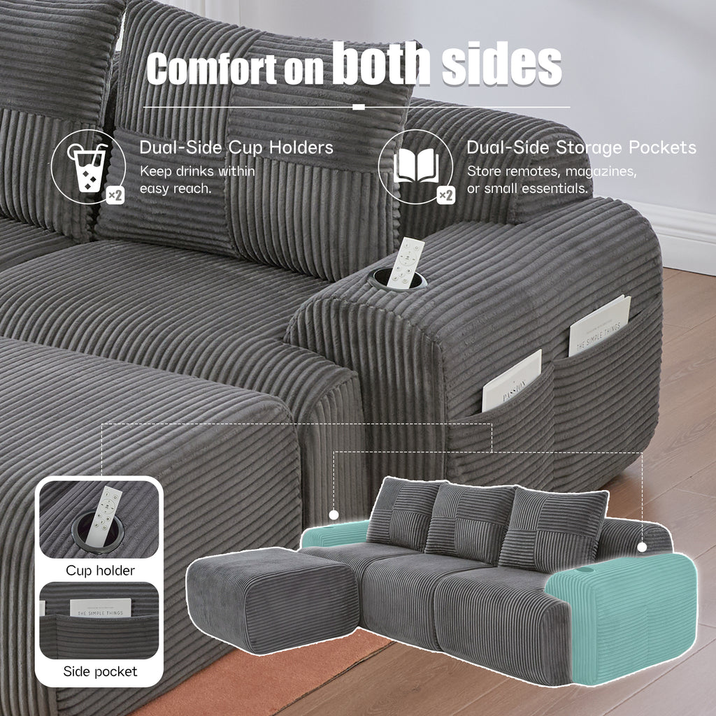 Dark Grey Corduroy 3-Seater Modular Sofa with Ottoman — detail 7