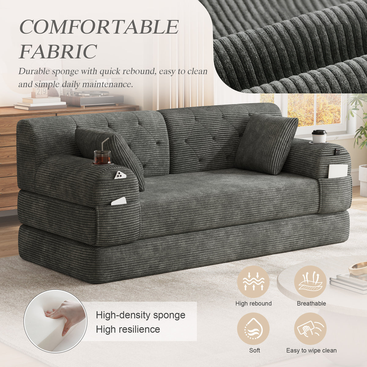 Dark Grey Corduroy 2-Seater Sofa Bed — detail 5