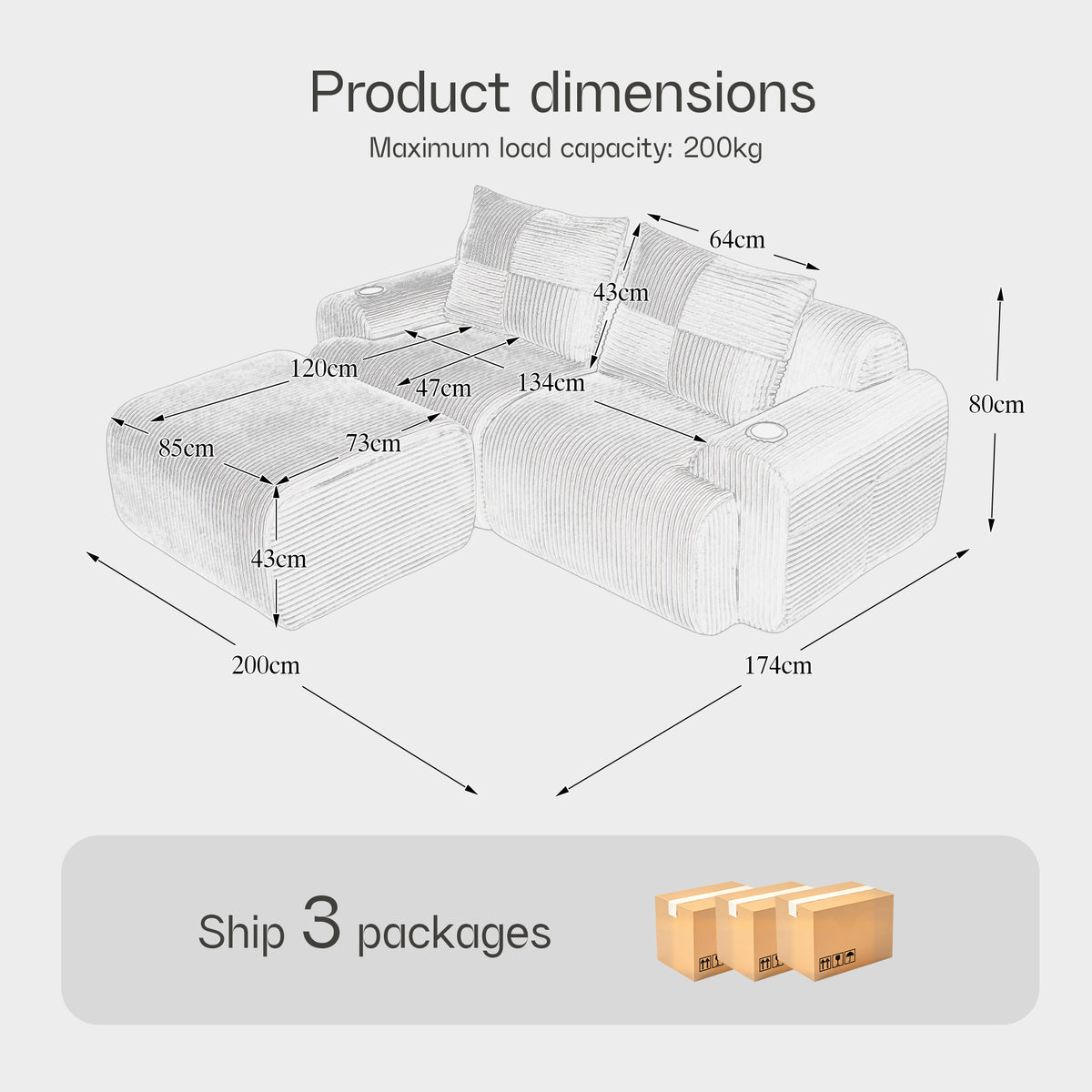 Black Corduroy 2-Seater Modular Sofa with Ottoman — detail 2