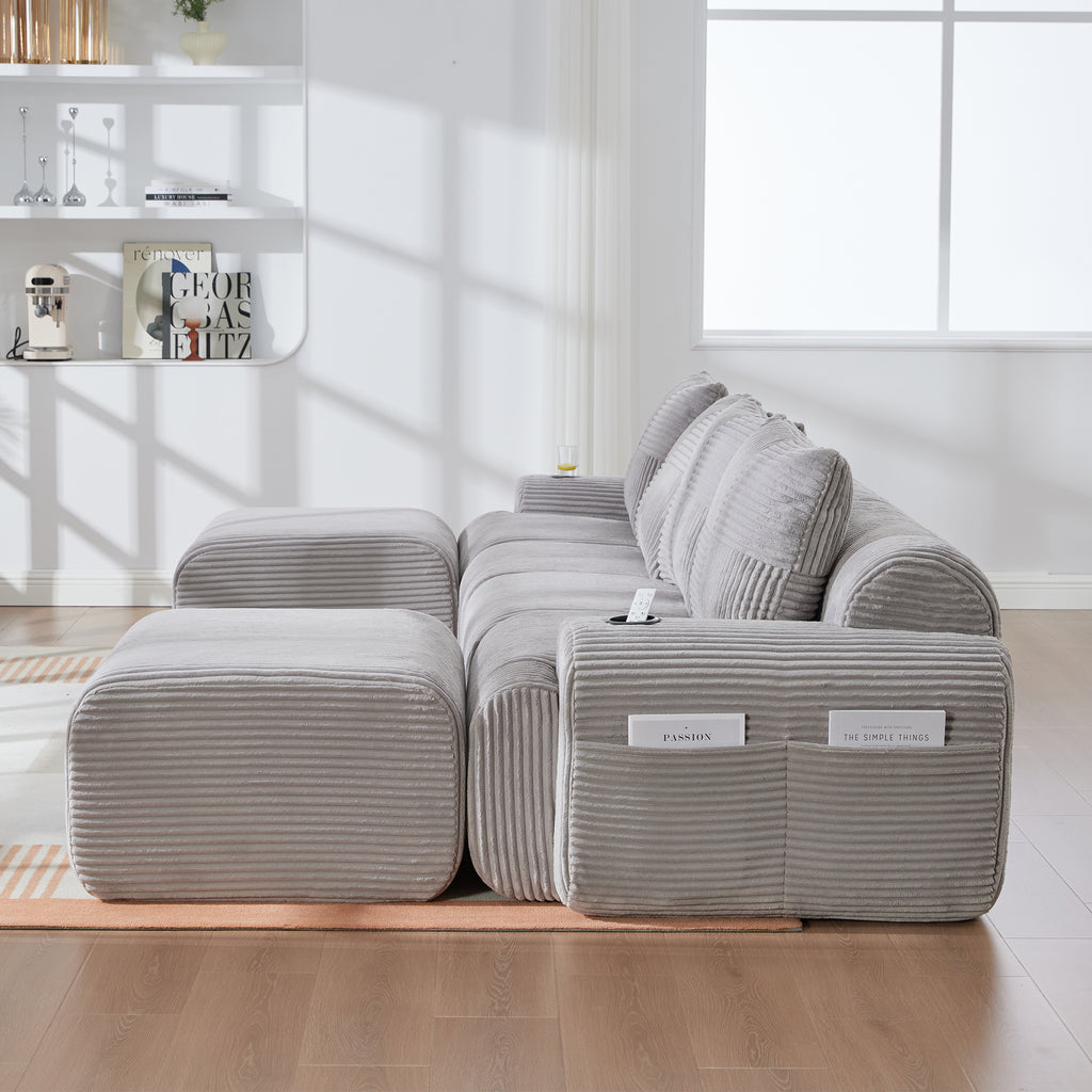 Light Grey Corduroy 4-Seater Modular Sofa with Two Ottomans — detail 12