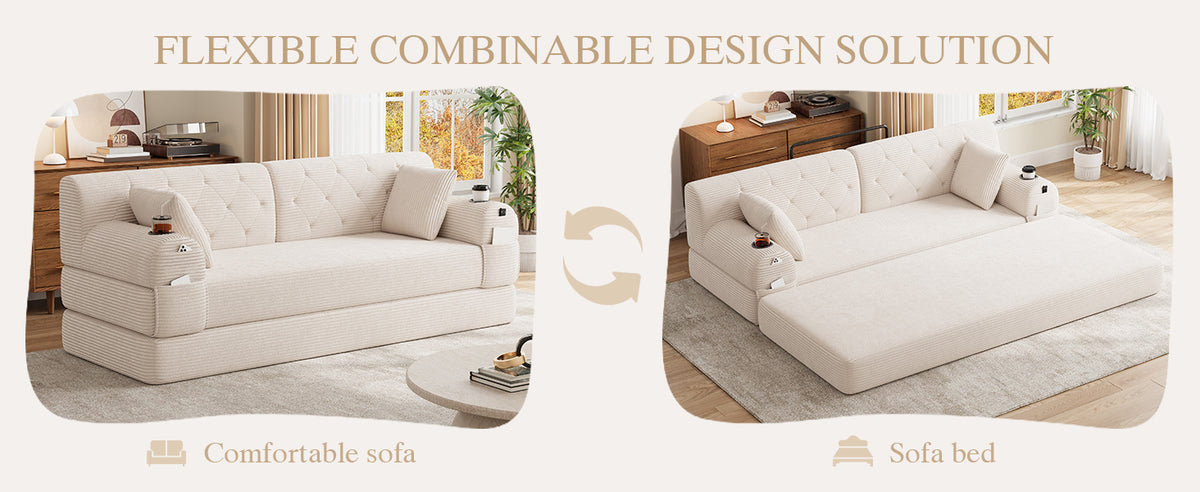 Beige Corduroy 3-Seater Sofa Bed — detail 14