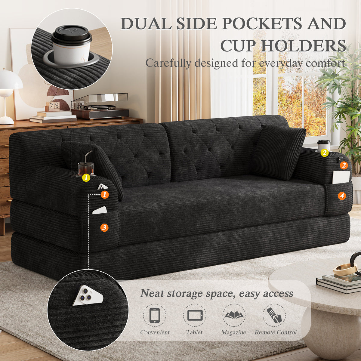 Black Corduroy 3-Seater Sofa Bed — detail 7