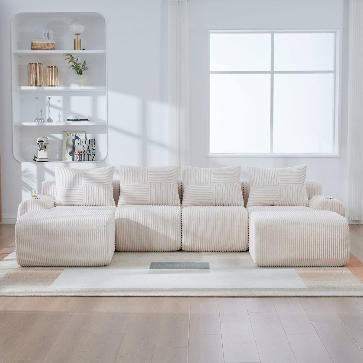 Beige Corduroy 4-Seater Modular Sofa with Two Ottomans — detail 10