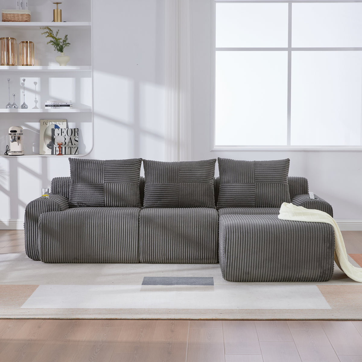 Dark Grey Corduroy 3-Seater Modular Sofa with Ottoman — detail 14