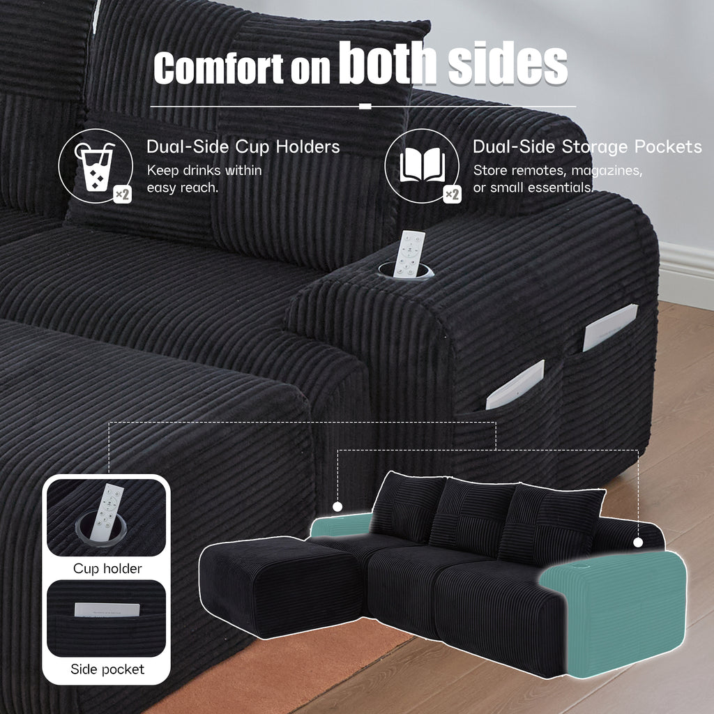 Black Corduroy 3-Seater Modular Sofa with Ottoman — detail 7