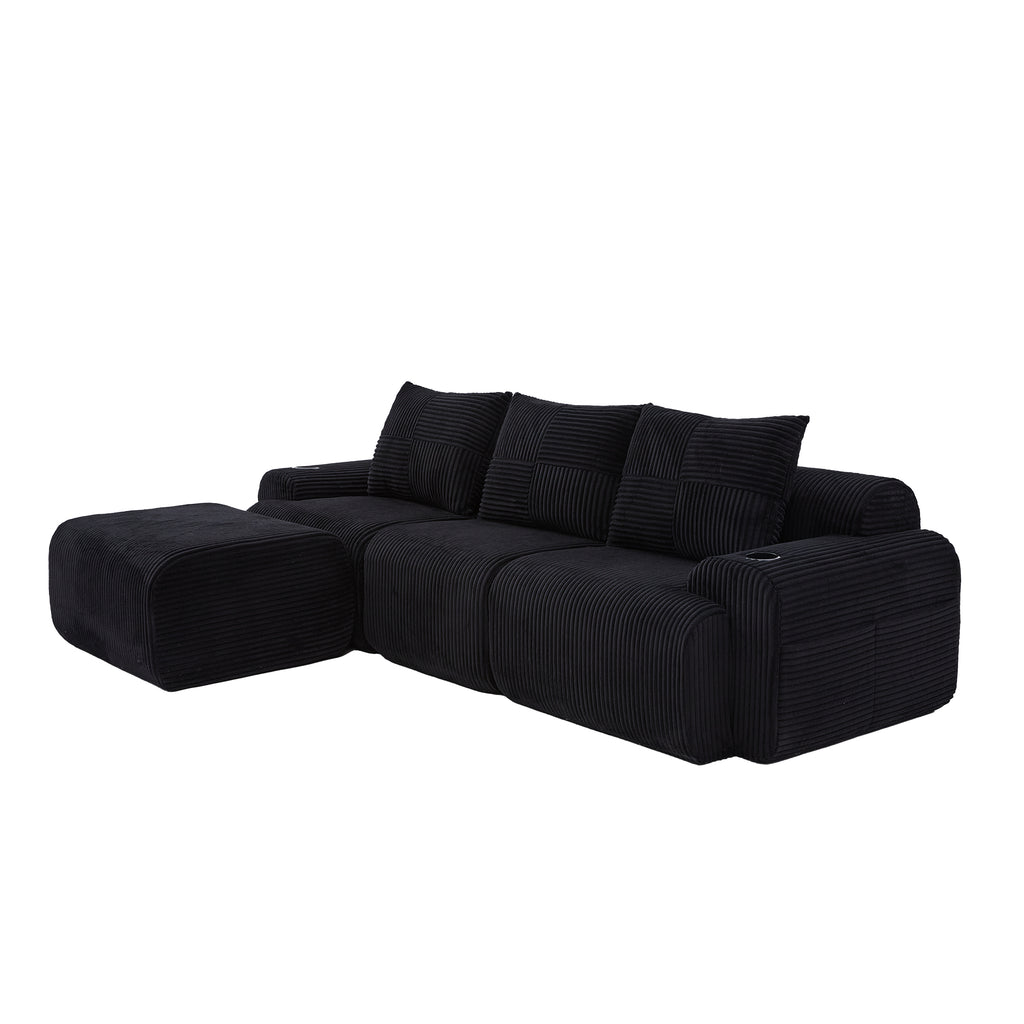 Black Corduroy 3-Seater Modular Sofa with Ottoman — detail 20