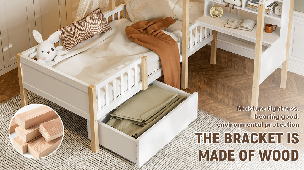 White Wooden House Bed with Desk and Storage – 90 × 190 cm — detail 13