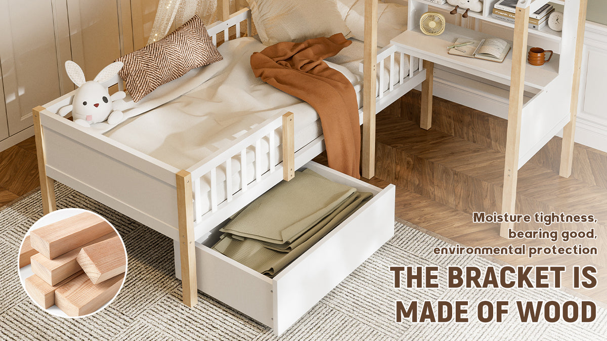White Wooden House Bed with Desk and Storage – 90 × 190 cm — detail 13