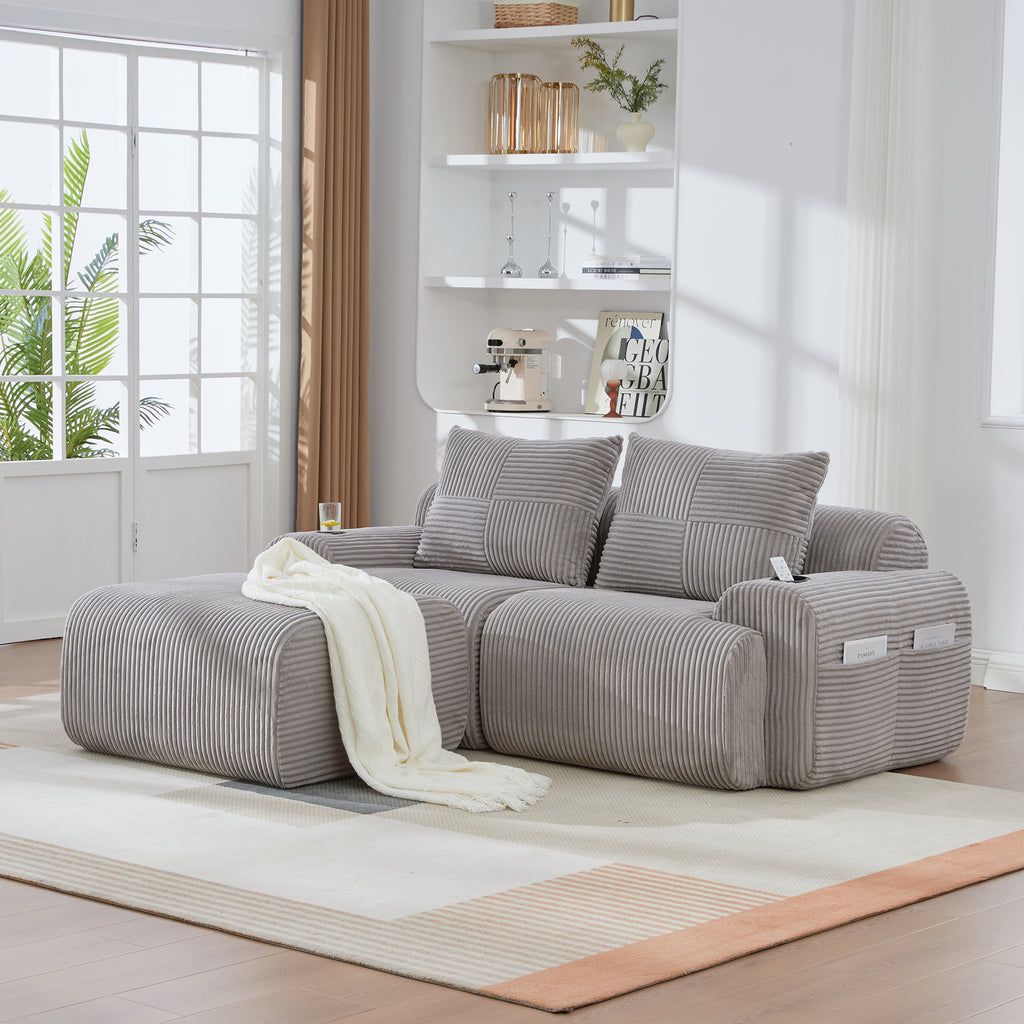 Light Grey Corduroy 2-Seater Modular Sofa with Ottoman — detail 10