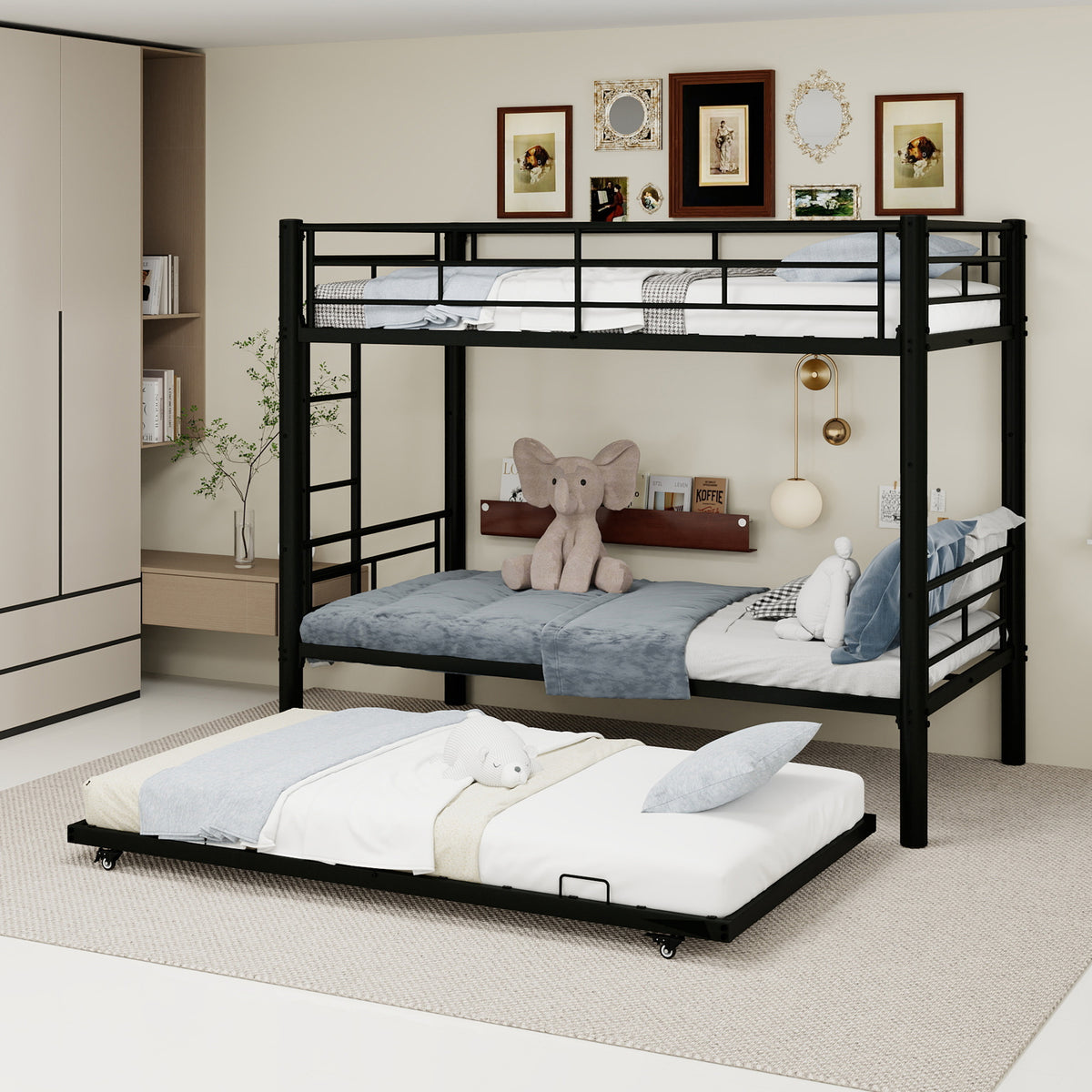 Black Metal Bunk Bed with Pull-Out Trundle – 90 × 190 cm — detail 3