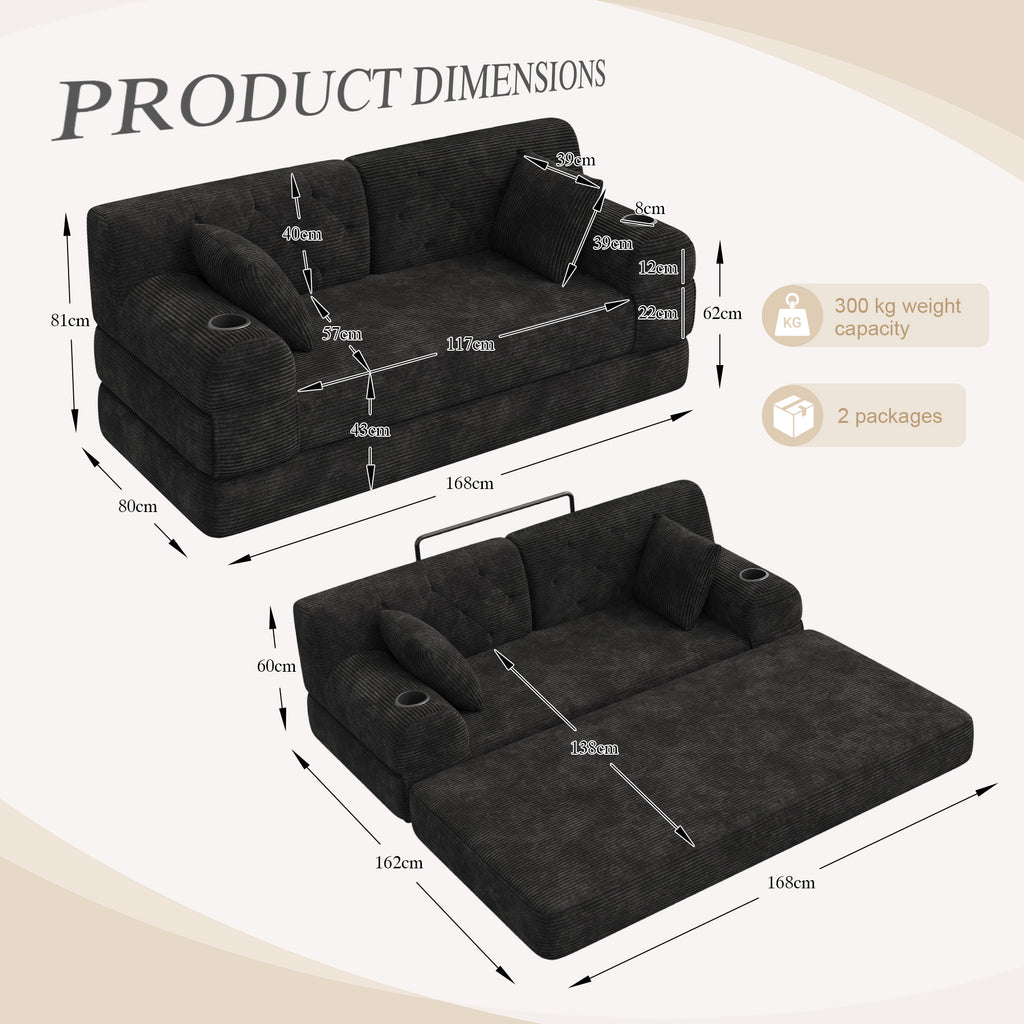 Black Corduroy 2-Seater Sofa Bed — detail 2