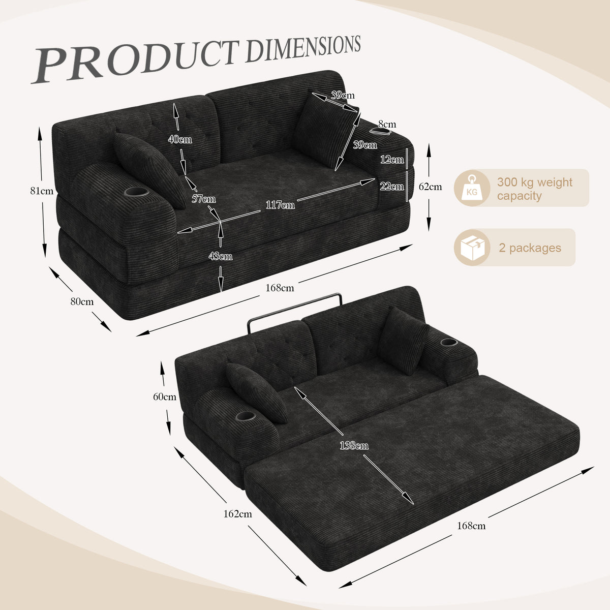 Black Corduroy 2-Seater Sofa Bed — detail 2
