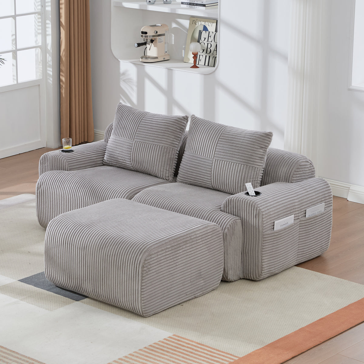 Light Grey Corduroy 2-Seater Modular Sofa with Ottoman — detail 11