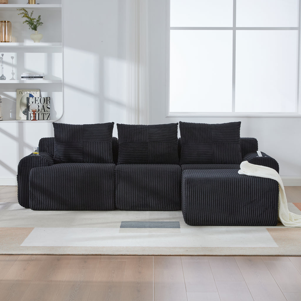 Black Corduroy 3-Seater Modular Sofa with Ottoman — detail 14