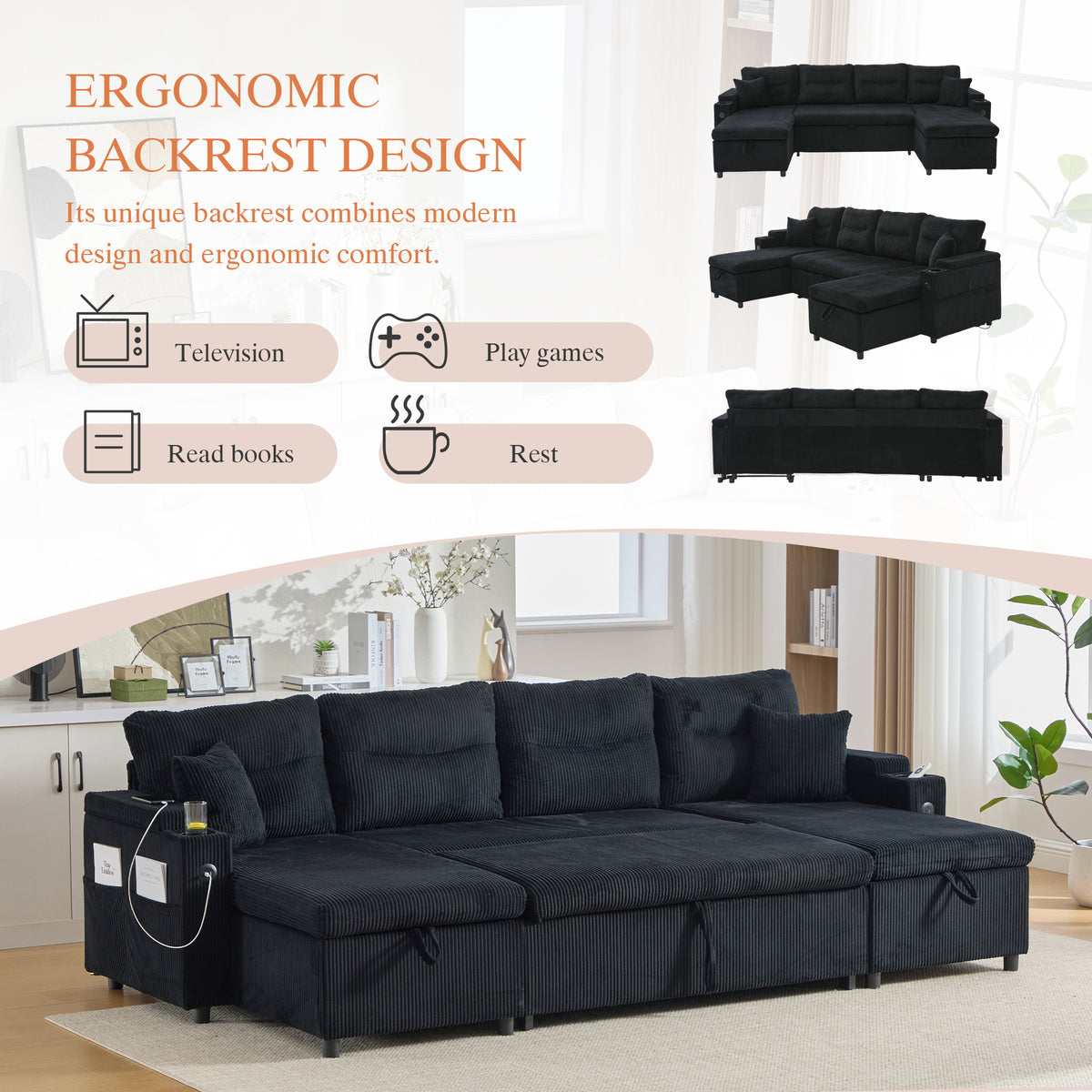 Black Oversized Chenille Chaise Lounge with Pillows — detail 10