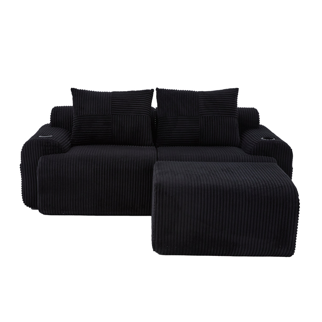 Black Corduroy 2-Seater Modular Sofa with Ottoman — detail 20