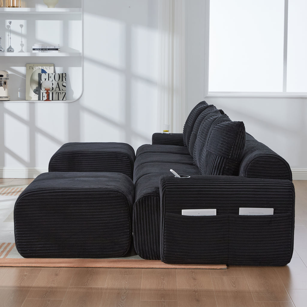 Black Corduroy 4-Seater Modular Sofa with Two Ottomans — detail 12