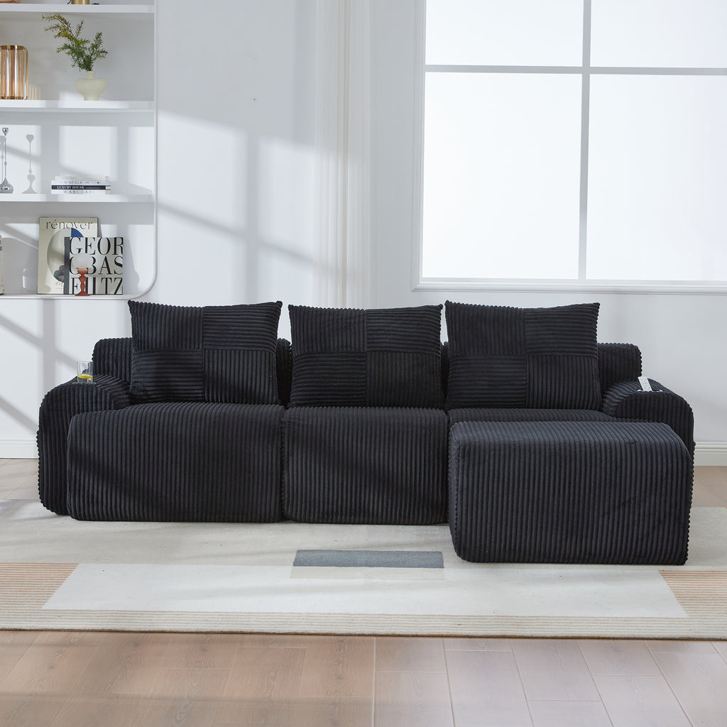 Black Corduroy 3-Seater Modular Sofa with Ottoman — detail 15