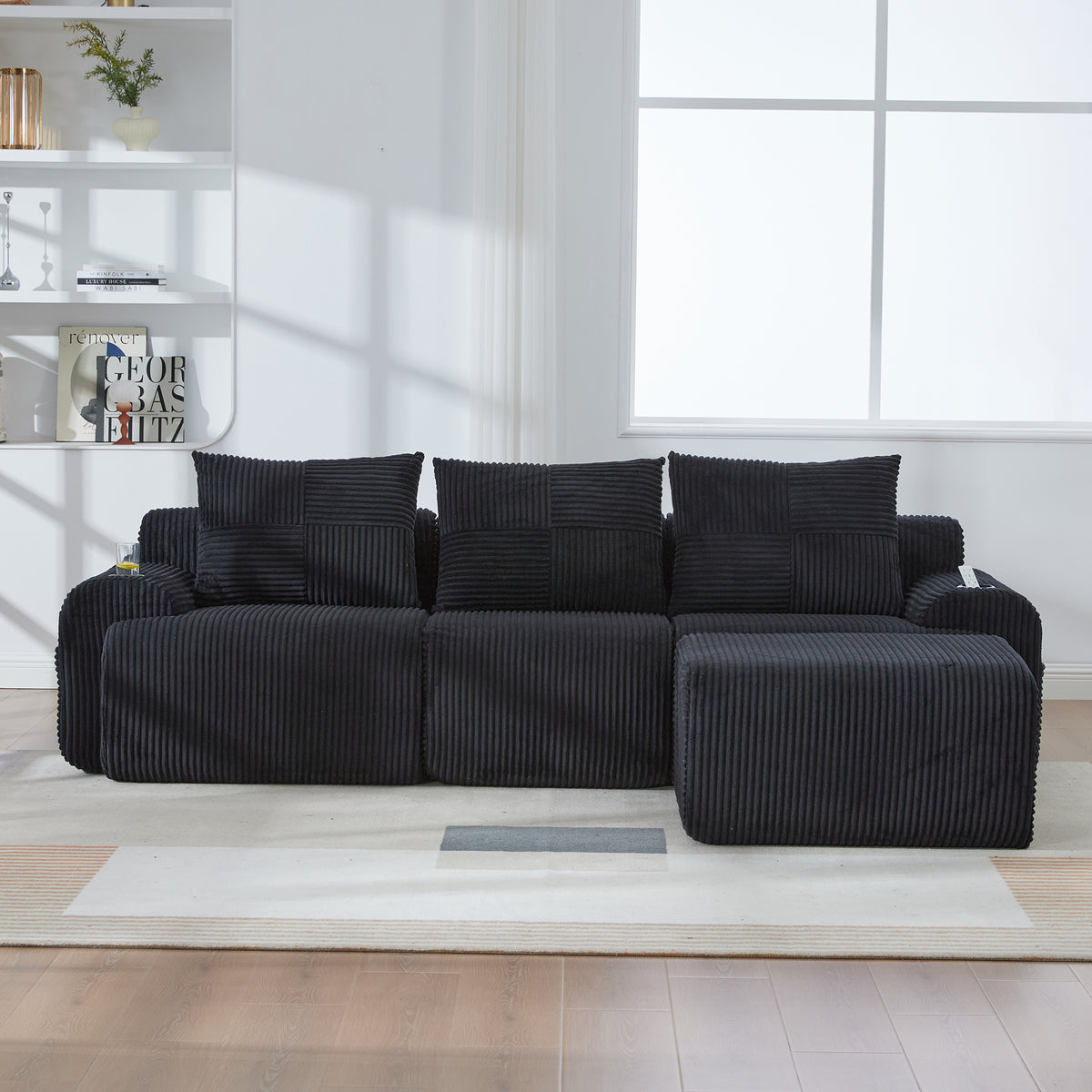 Black Corduroy 3-Seater Modular Sofa with Ottoman — detail 15