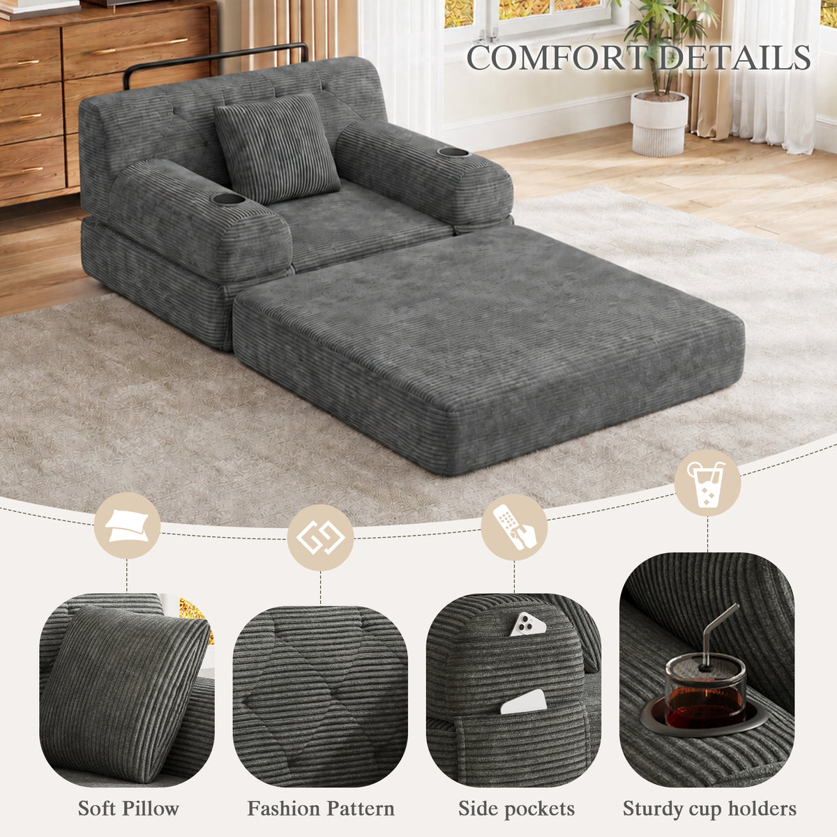 Dark Grey Corduroy Sleeper Chair — detail 5