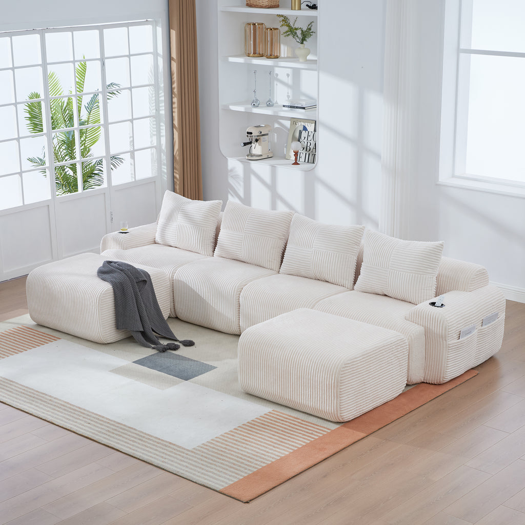 Beige Corduroy 4-Seater Modular Sofa with Two Ottomans — detail 9