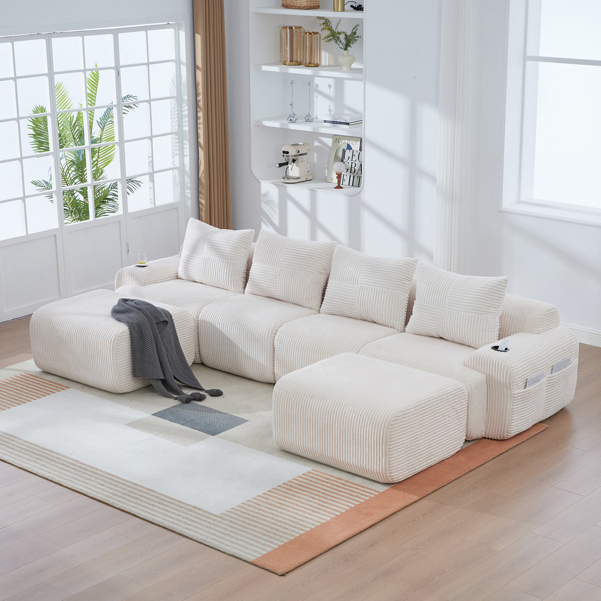 Beige Corduroy 4-Seater Modular Sofa with Two Ottomans — detail 9