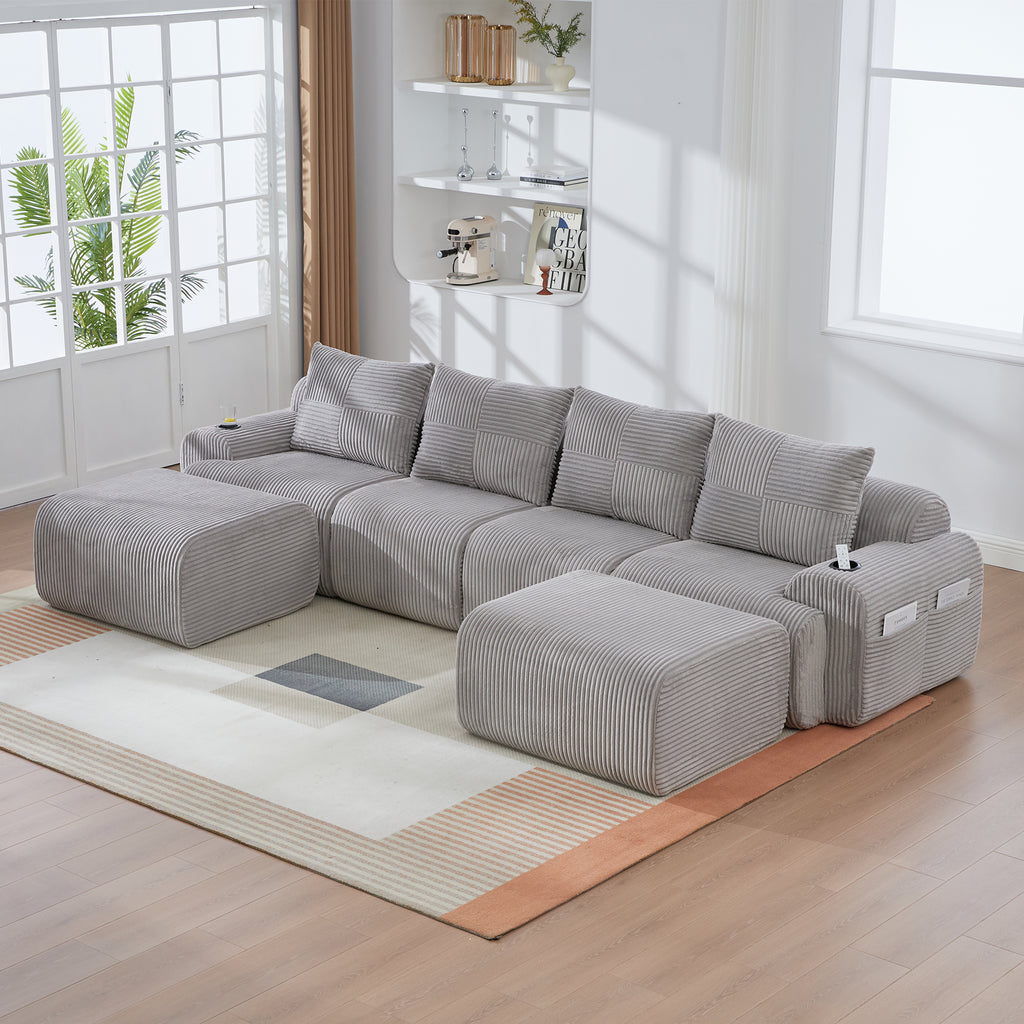 Light Grey Corduroy 4-Seater Modular Sofa with Two Ottomans — detail 11