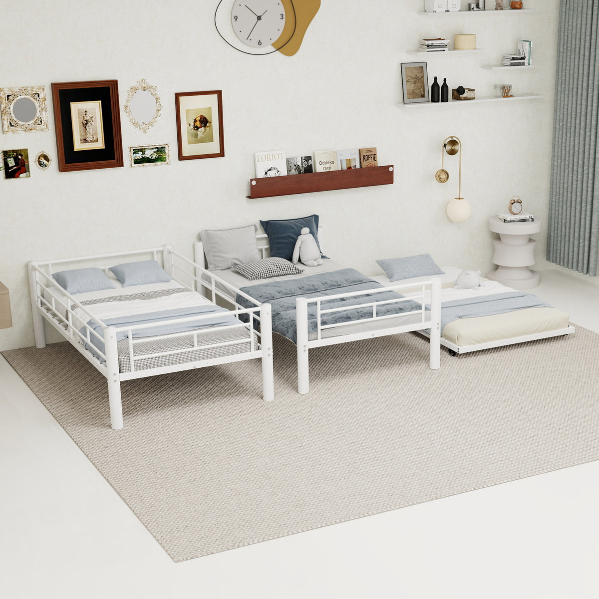 White Metal Bunk Bed with Pull-Out Trundle – 90 × 190 cm — detail 9