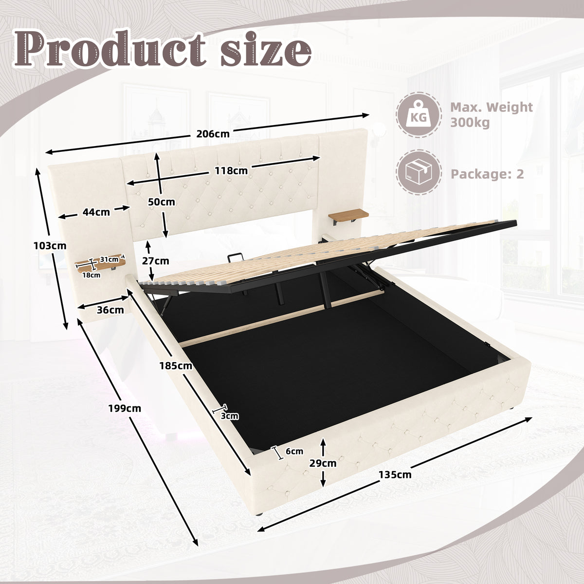 Beige Velvet Storage Bed Frame – 135 × 190 cm — detail 2