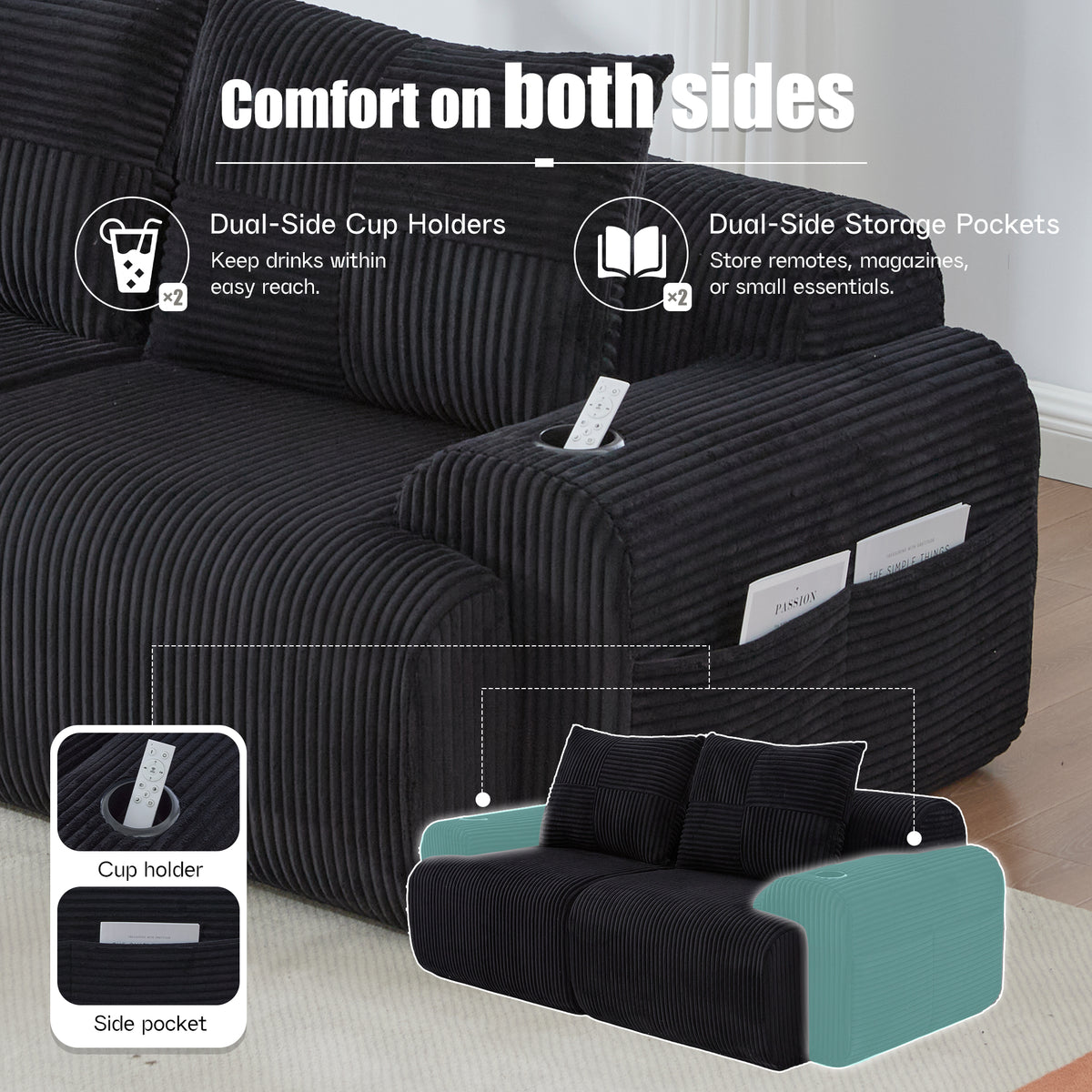 Black Corduroy 2-Seater Modular Sofa — detail 7
